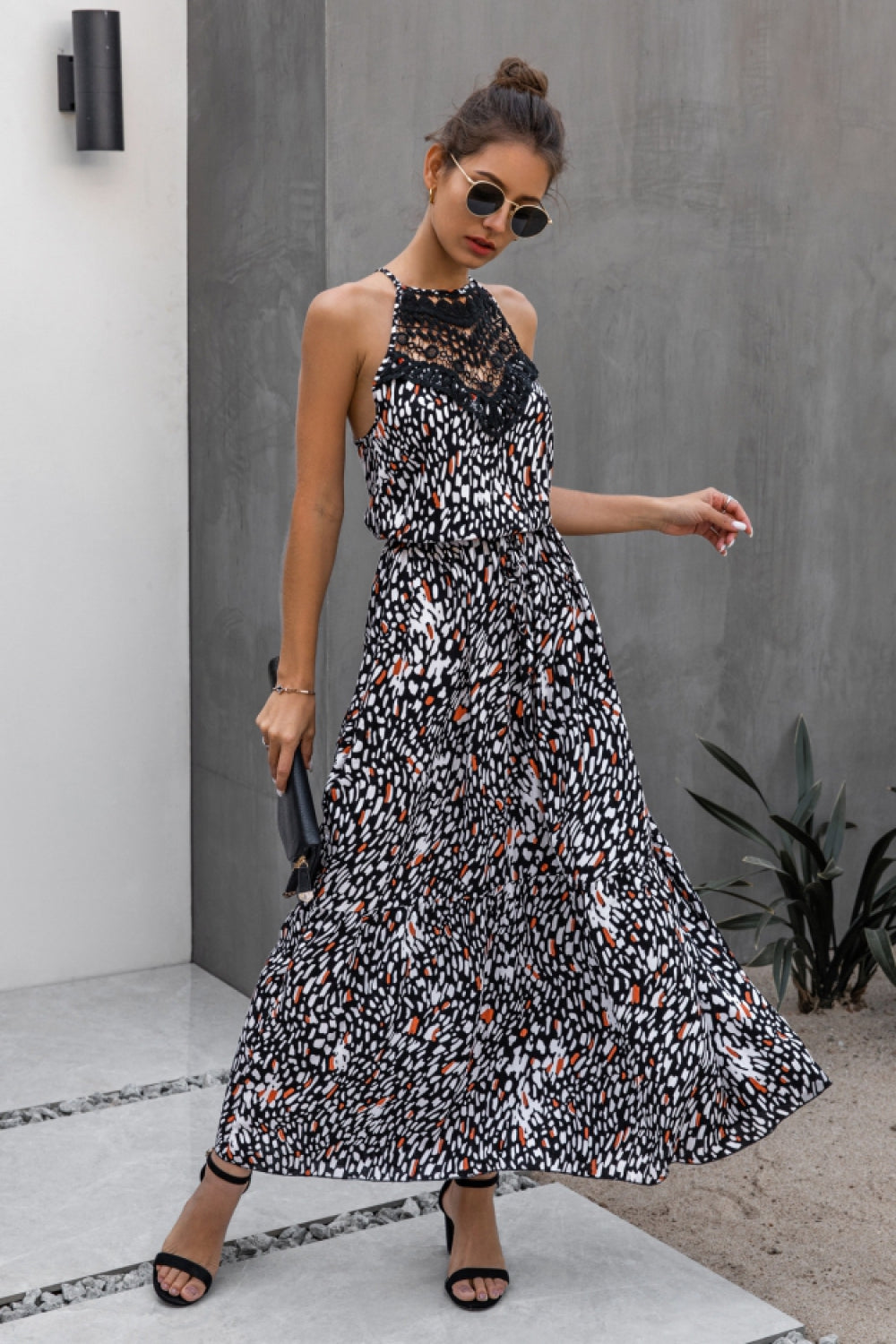 Hollow Lace Spliting Printed Dress