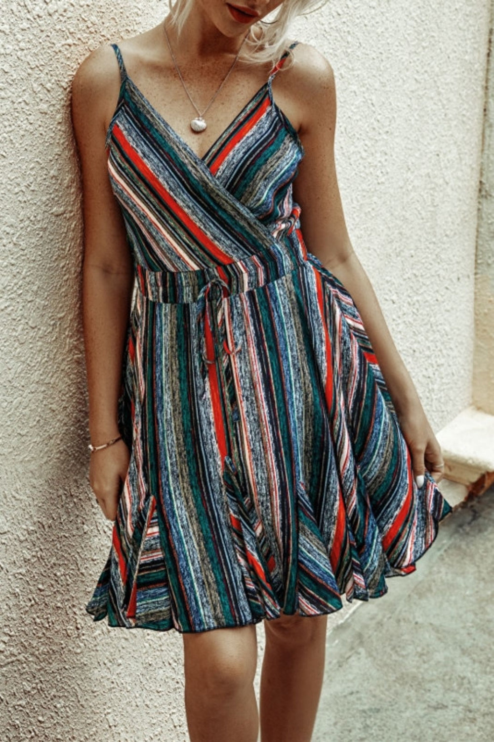 Coloful Stripe V Neck Slip Dress