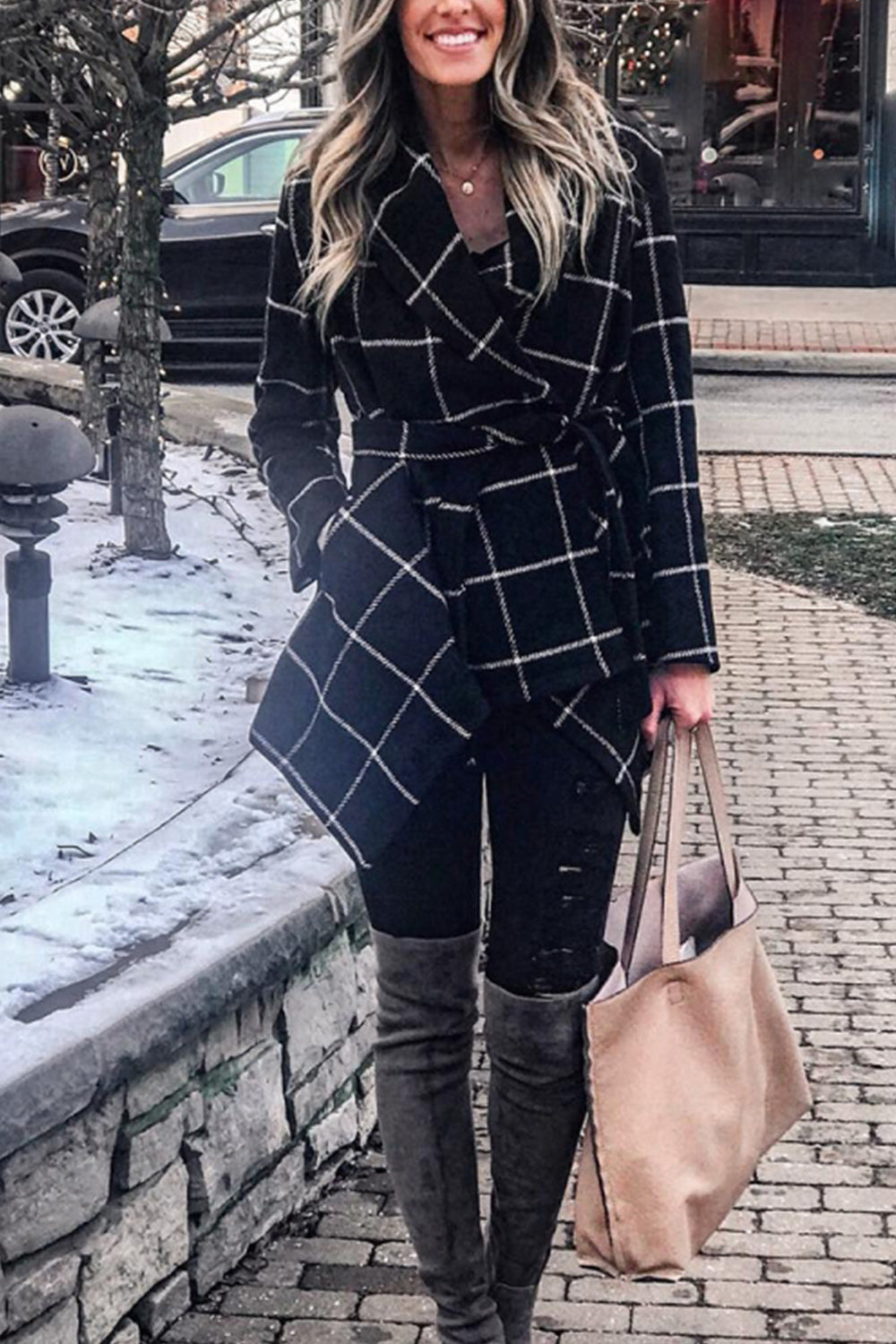 Tweed Belt Plaid Coat