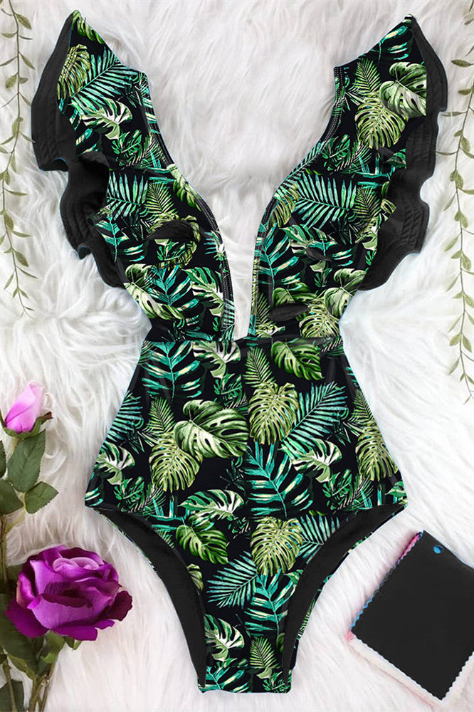 Maillot de bain une pièce floral imprimé à volants