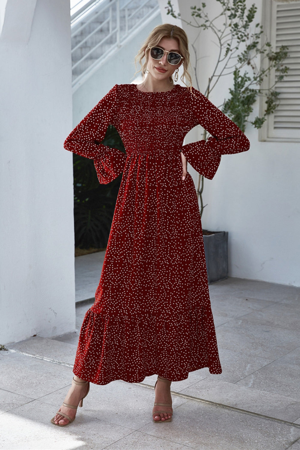 Printed Polka Dot Long Sleeve Dress