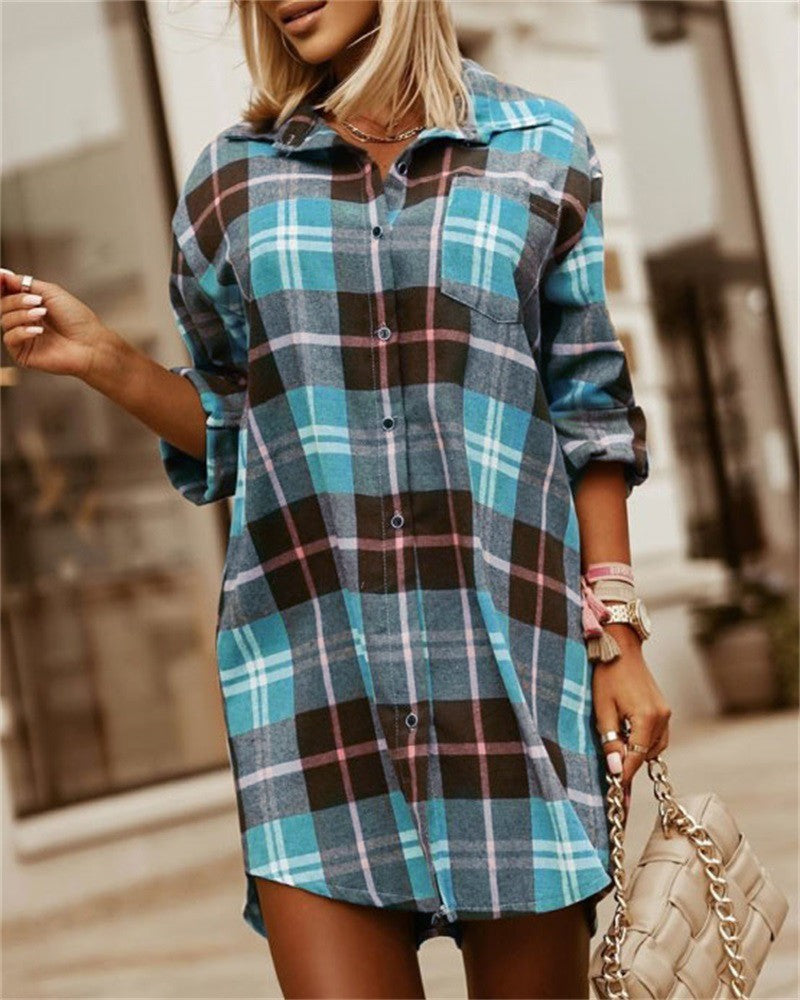 Plaid Print Roll Up Sleeve Buttoned Shirt Dress