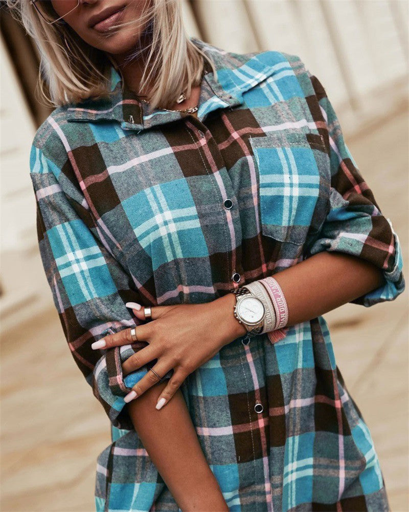 Plaid Print Roll Up Sleeve Buttoned Shirt Dress