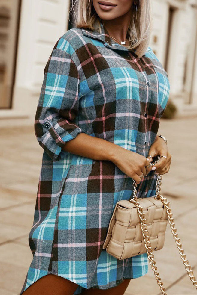 Plaid Print Roll Up Sleeve Buttoned Shirt Dress