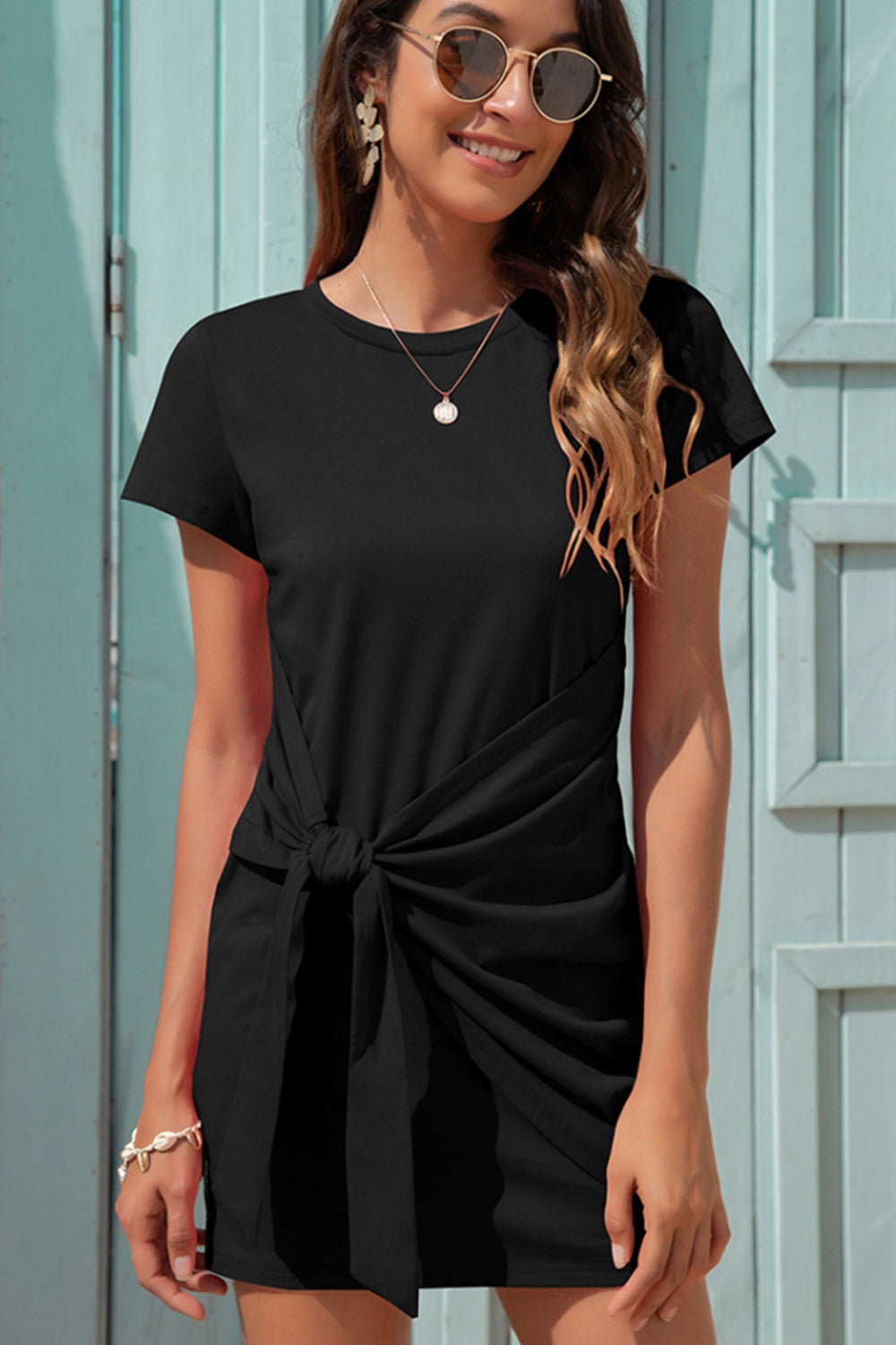 Round Neck Knotted Short Sleeve Dress