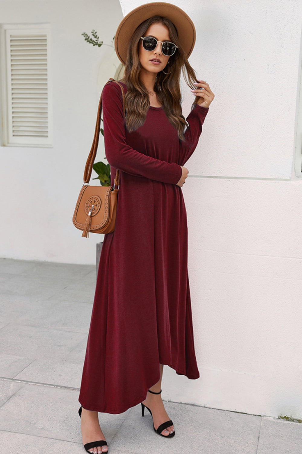 Solid Color Big Swing Skirt Long Sleeve Dress