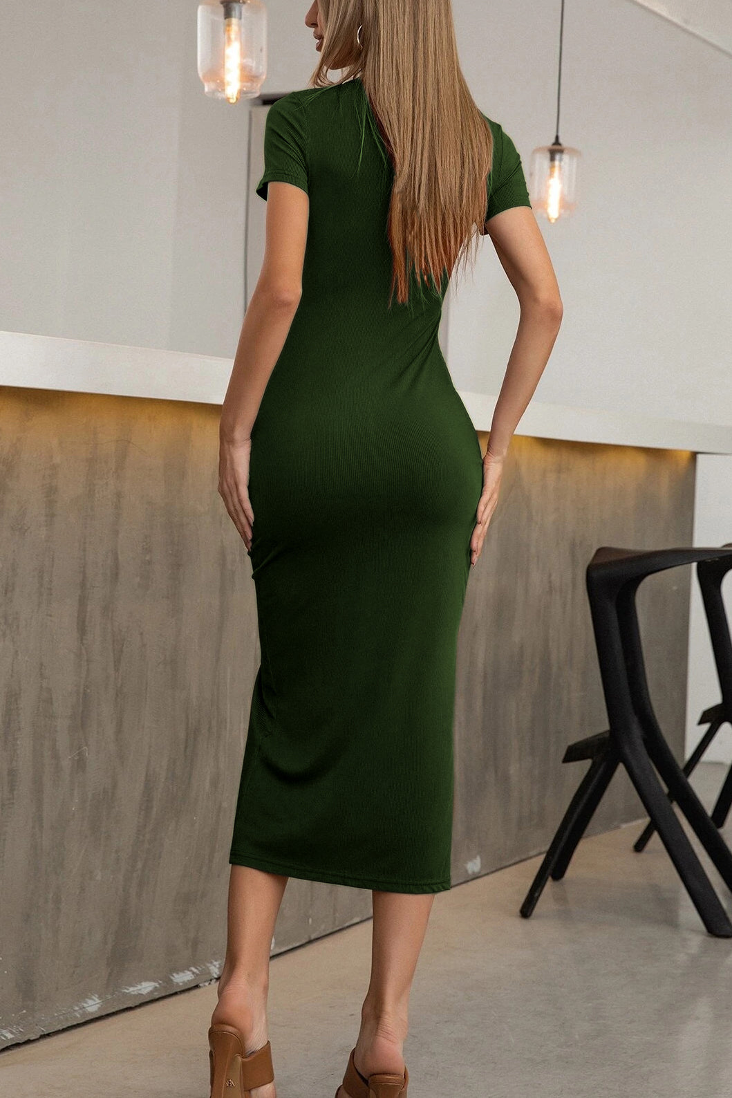 Button Slit Knit Bodycon Midi Dress