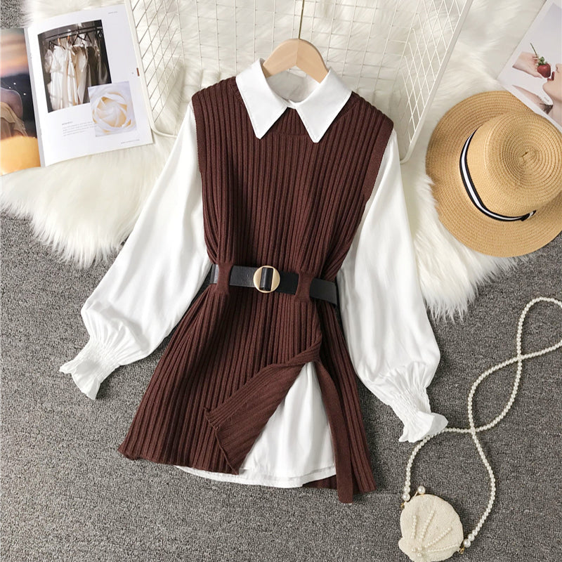 Lantern Sleeve Shirt Knitted Vest 2 Pieces Set