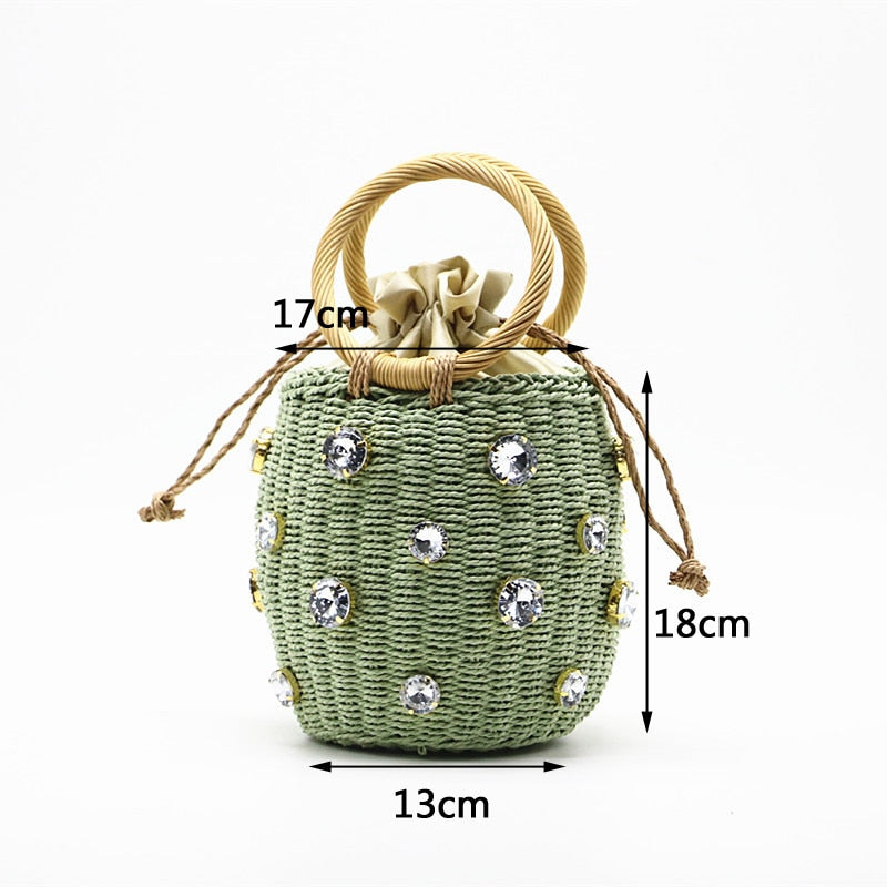 Bolsa de palha embelezada com cristal de strass artesanal