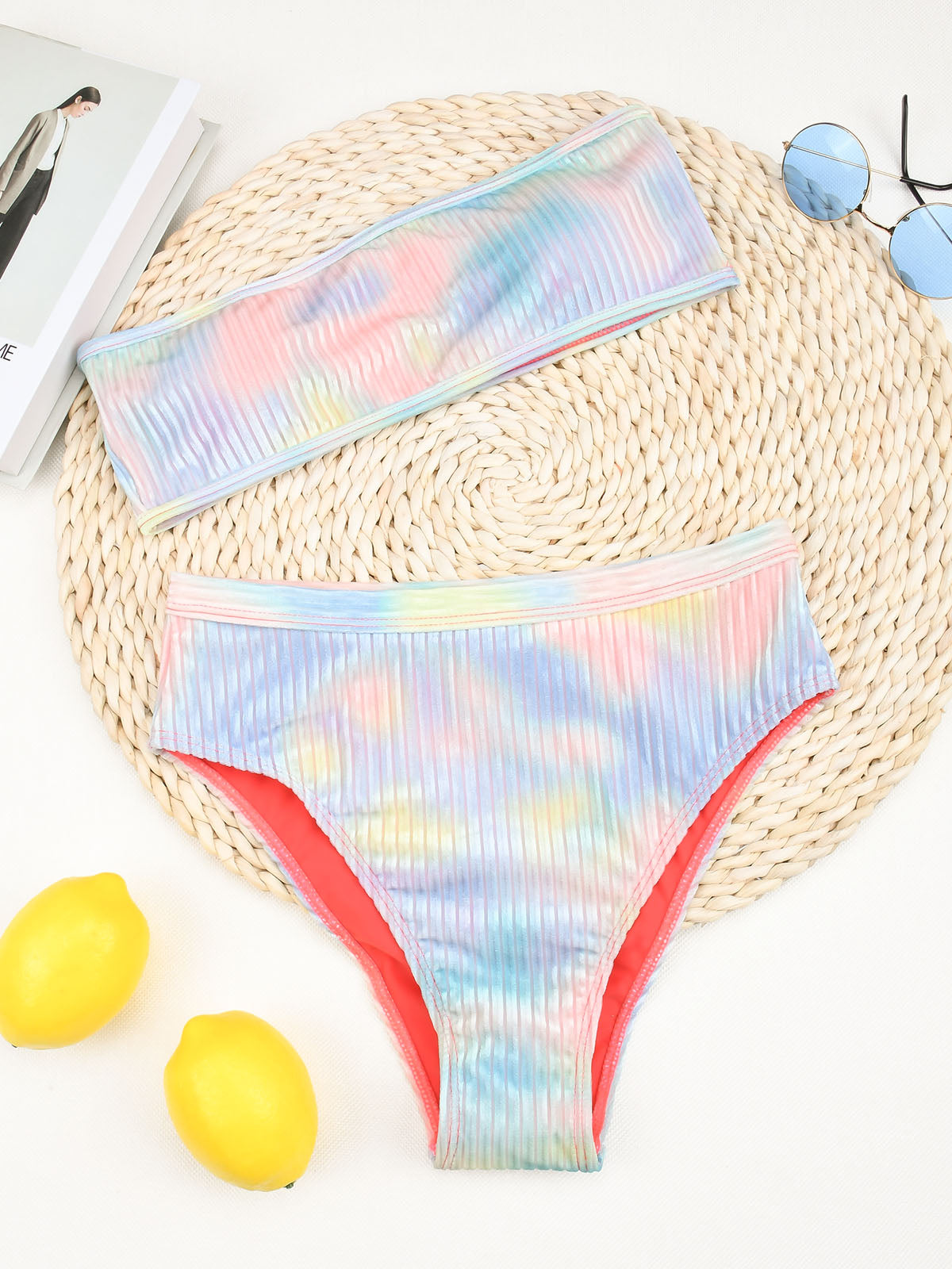 Ensemble de bikini taille haute sans bretelles Tie Dye