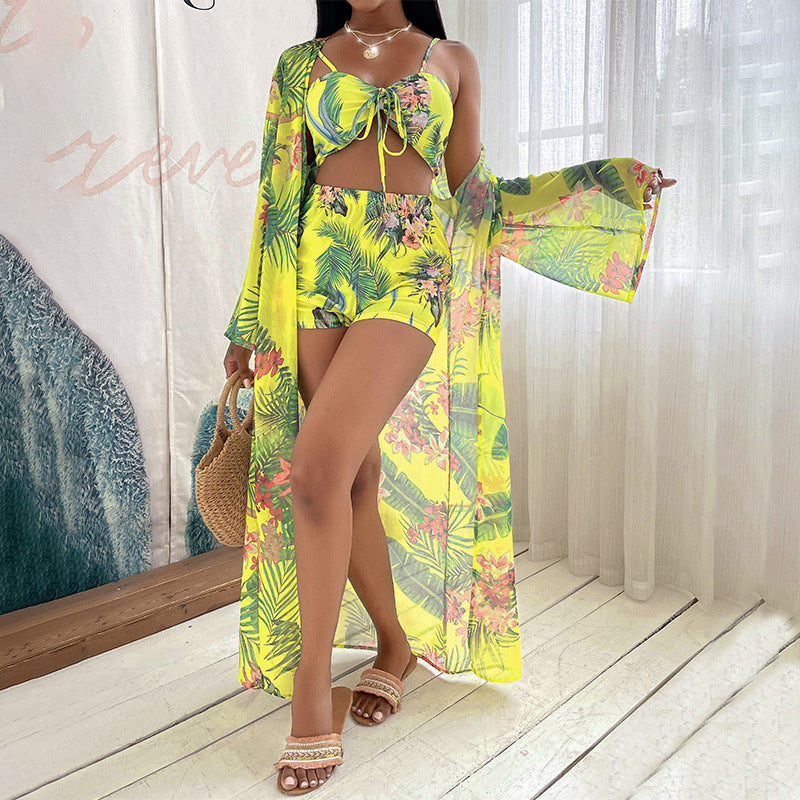 Floral Bikini Set Long Cover Up Three Pieces