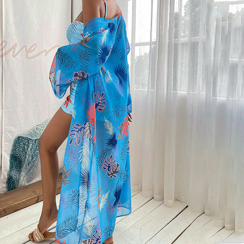 Floral Bikini Set Long Cover Up Three Pieces