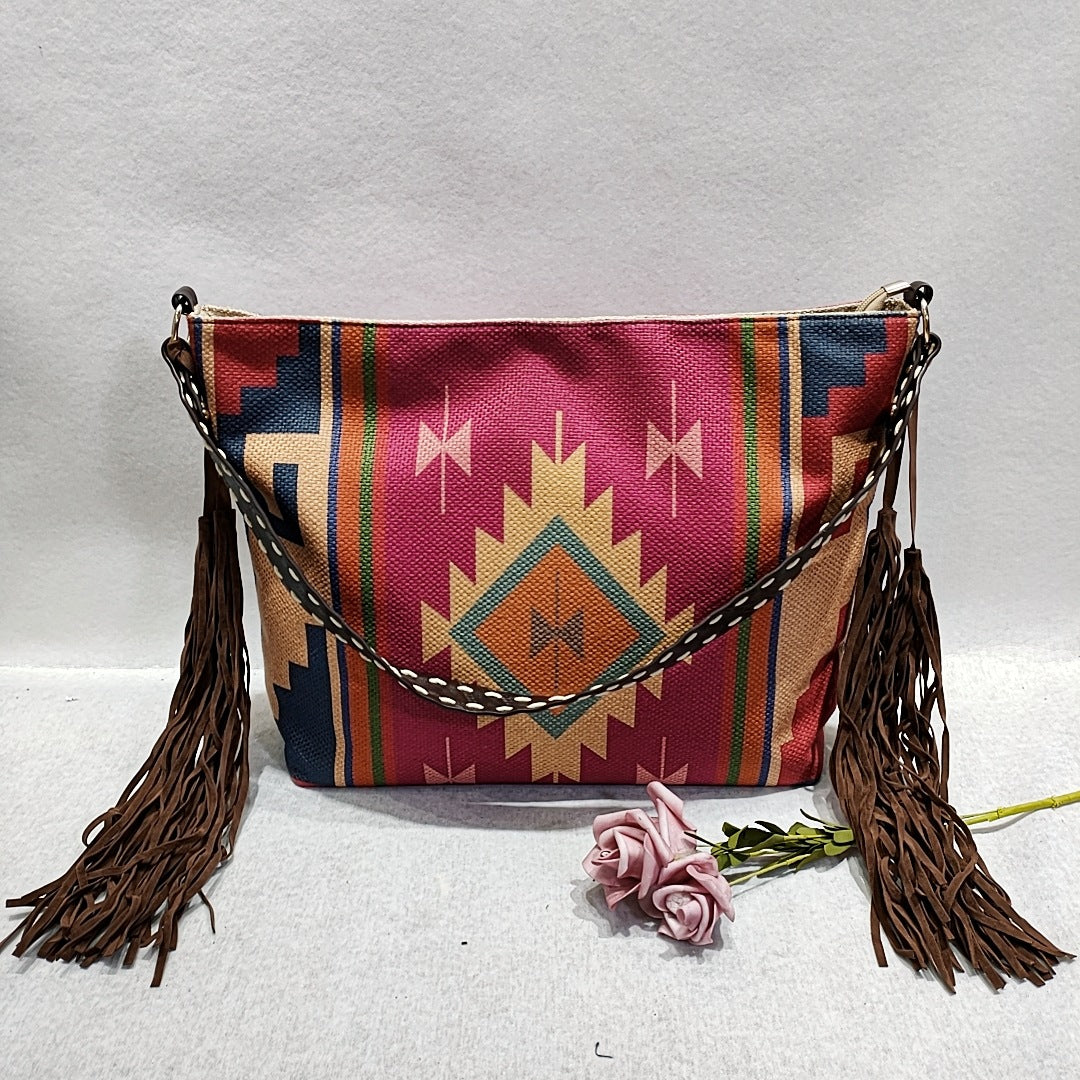 Bolso de hombro con borlas de lona vintage bohemio 