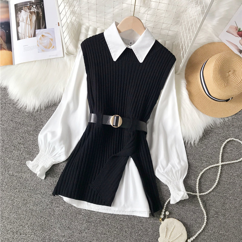 Lantern Sleeve Shirt Knitted Vest 2 Pieces Set