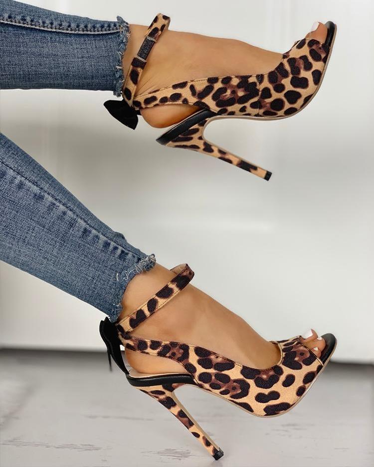 Ankle Strap Leopard Bow Thin Heels