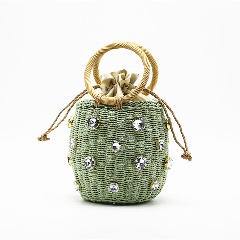 Handmade Rhinestone Crystal Embellished Straw Bag