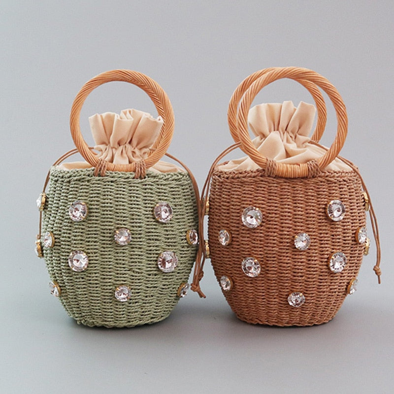 Handmade Rhinestone Crystal Embellished Straw Bag