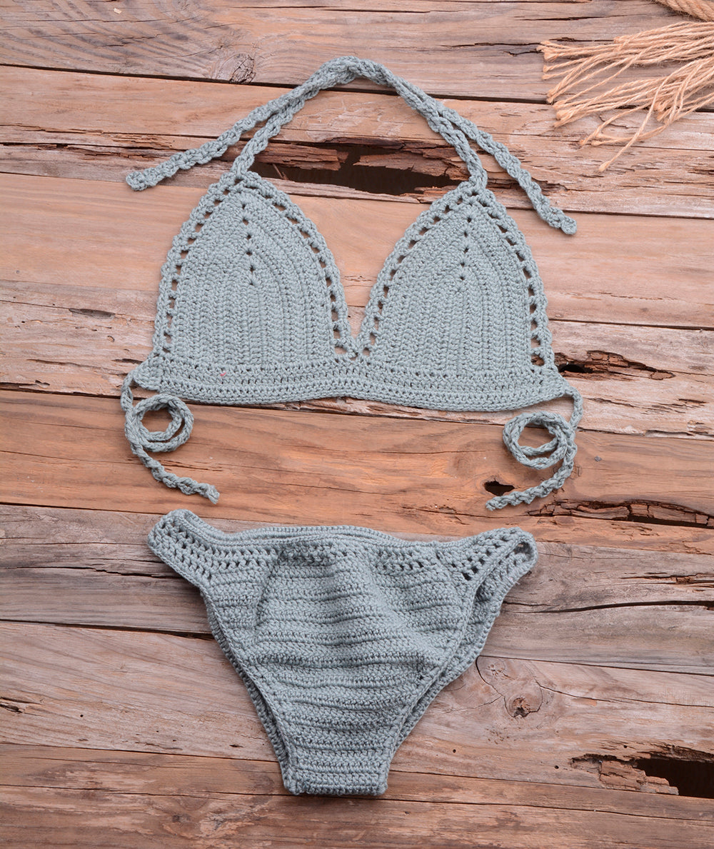 Neckholder-Bandage-Häkel-Bikini-Sets