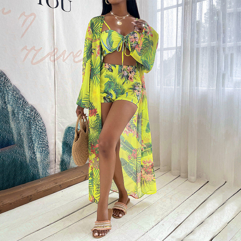 Floral Bikini Set Long Cover Up Three Pieces