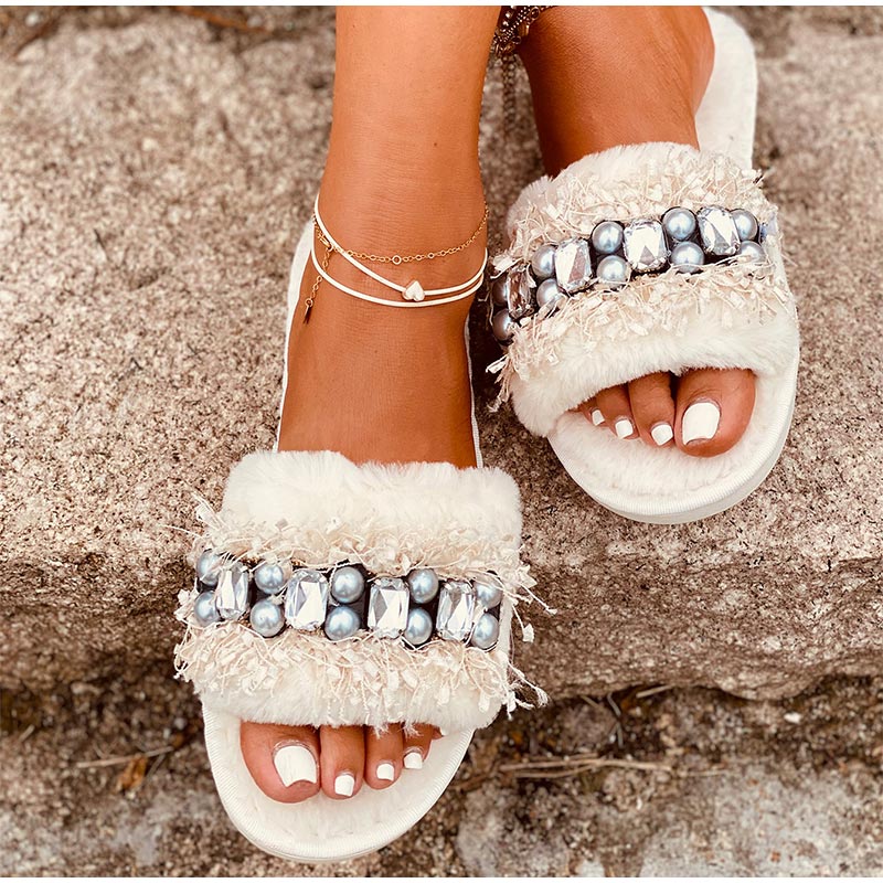 Luxury Beaded Furry Plush Slippers