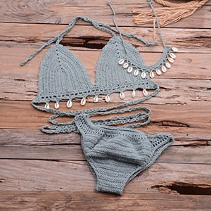 3-teiliges Bikini-Set mit gehäkelter Muschelquaste