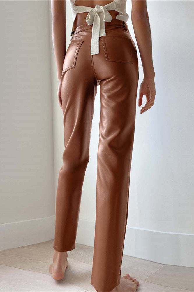 Pantalon droit taille haute en similicuir