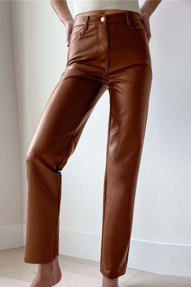 Pantalon droit taille haute en similicuir