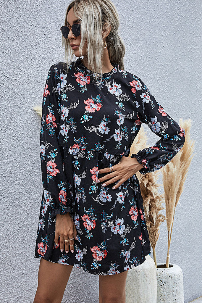 Vestido Floral Solto Manga Longa Cintura Alta