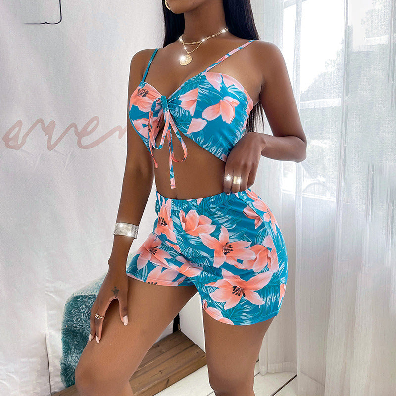 Floral Bikini Set Long Cover Up Three Pieces