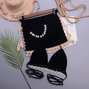 3-teiliges Bikini-Set mit gehäkelter Muschelquaste