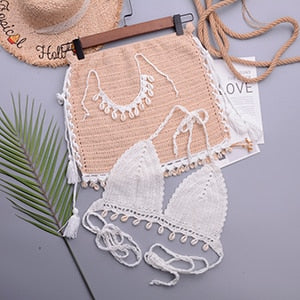 3-teiliges Bikini-Set mit gehäkelter Muschelquaste