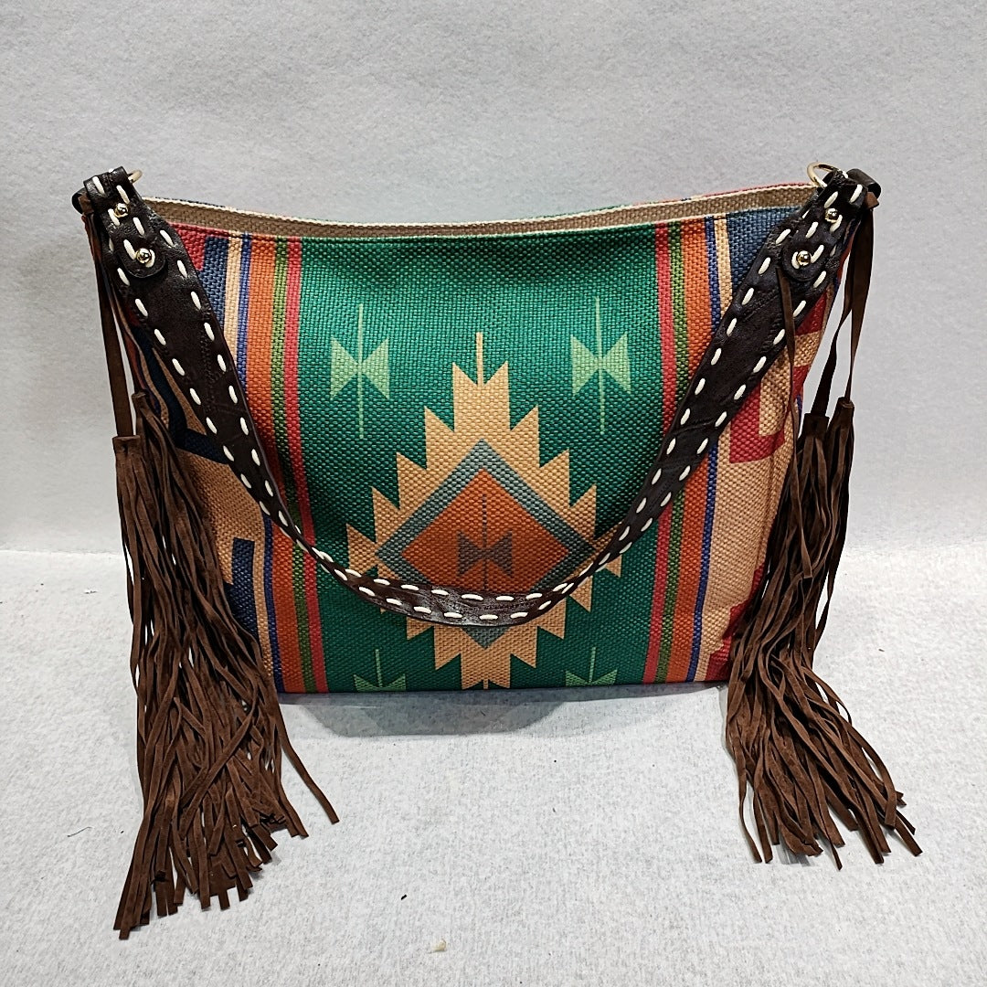 Bolso de hombro con borlas de lona vintage bohemio 