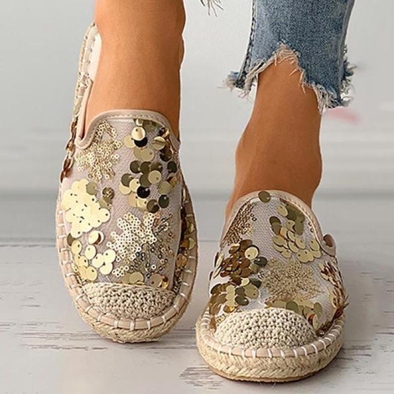 Hemp Soled Sequined Cloth Bling Flat Slippers