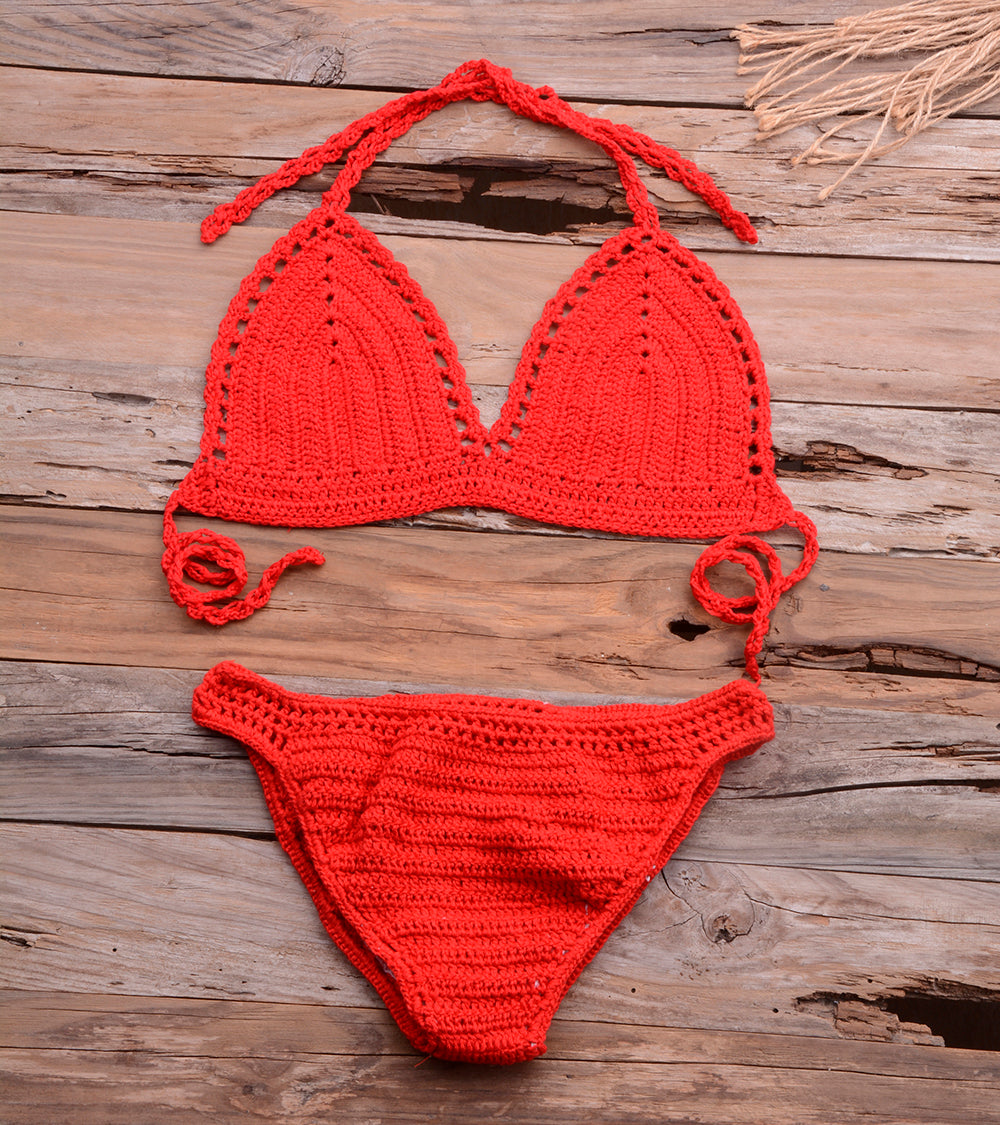 Neckholder-Bandage-Häkel-Bikini-Sets