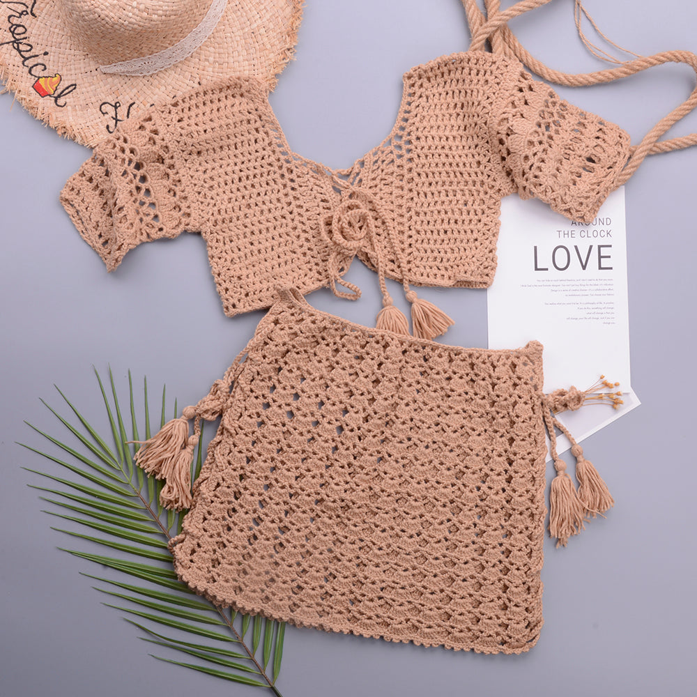 Crochet Tassel 2 Piece Skirt Set Bikini