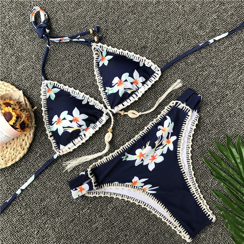 Flower Printed Crochet Bikini