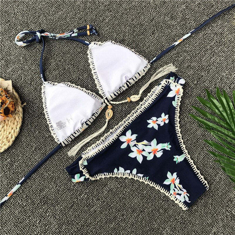 Flower Printed Crochet Bikini