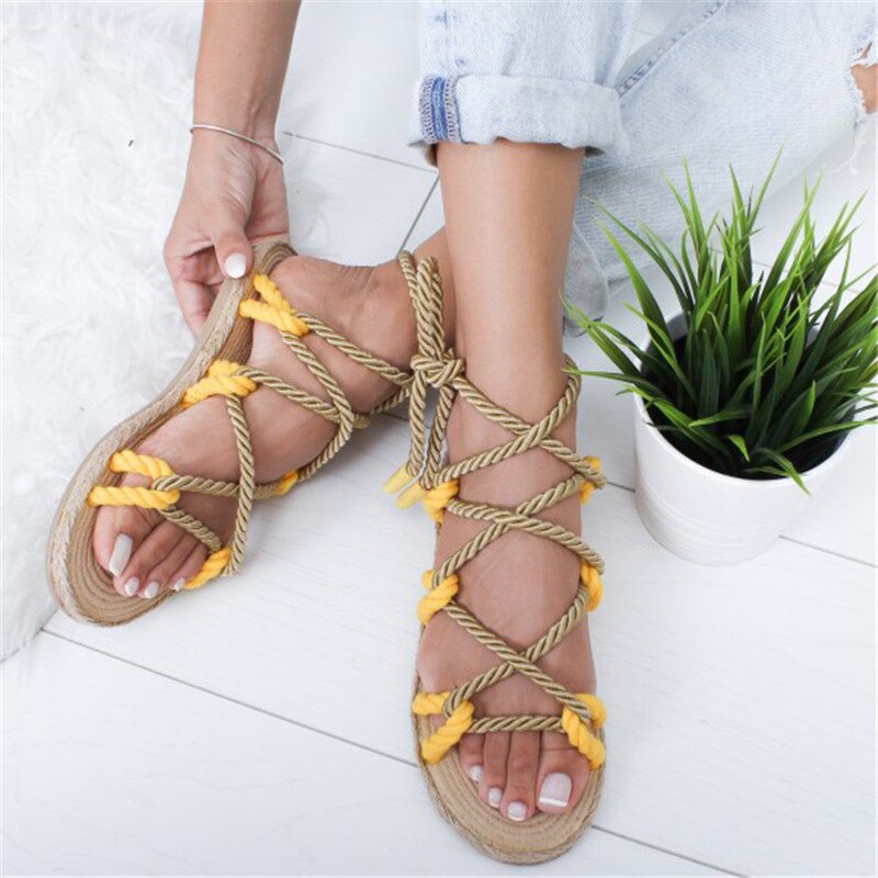 Peep Toe Cross Lace Up Flat Sandals