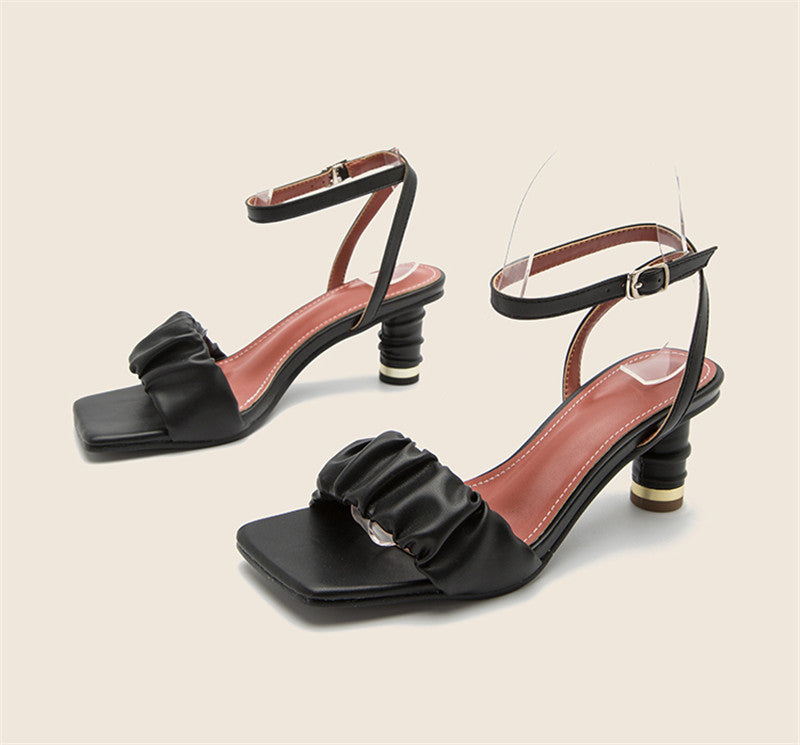 Pleated Thin High Heel Open Toe Buckle Sandals