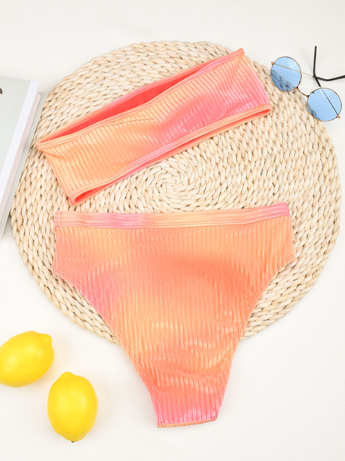 Ensemble de bikini taille haute sans bretelles Tie Dye