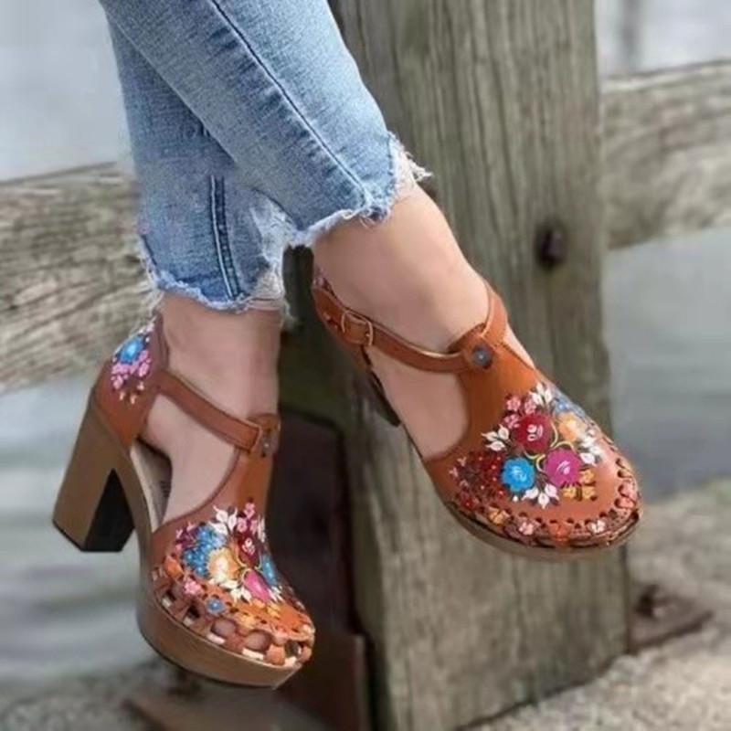 Square Heel Flower Printed Sandals