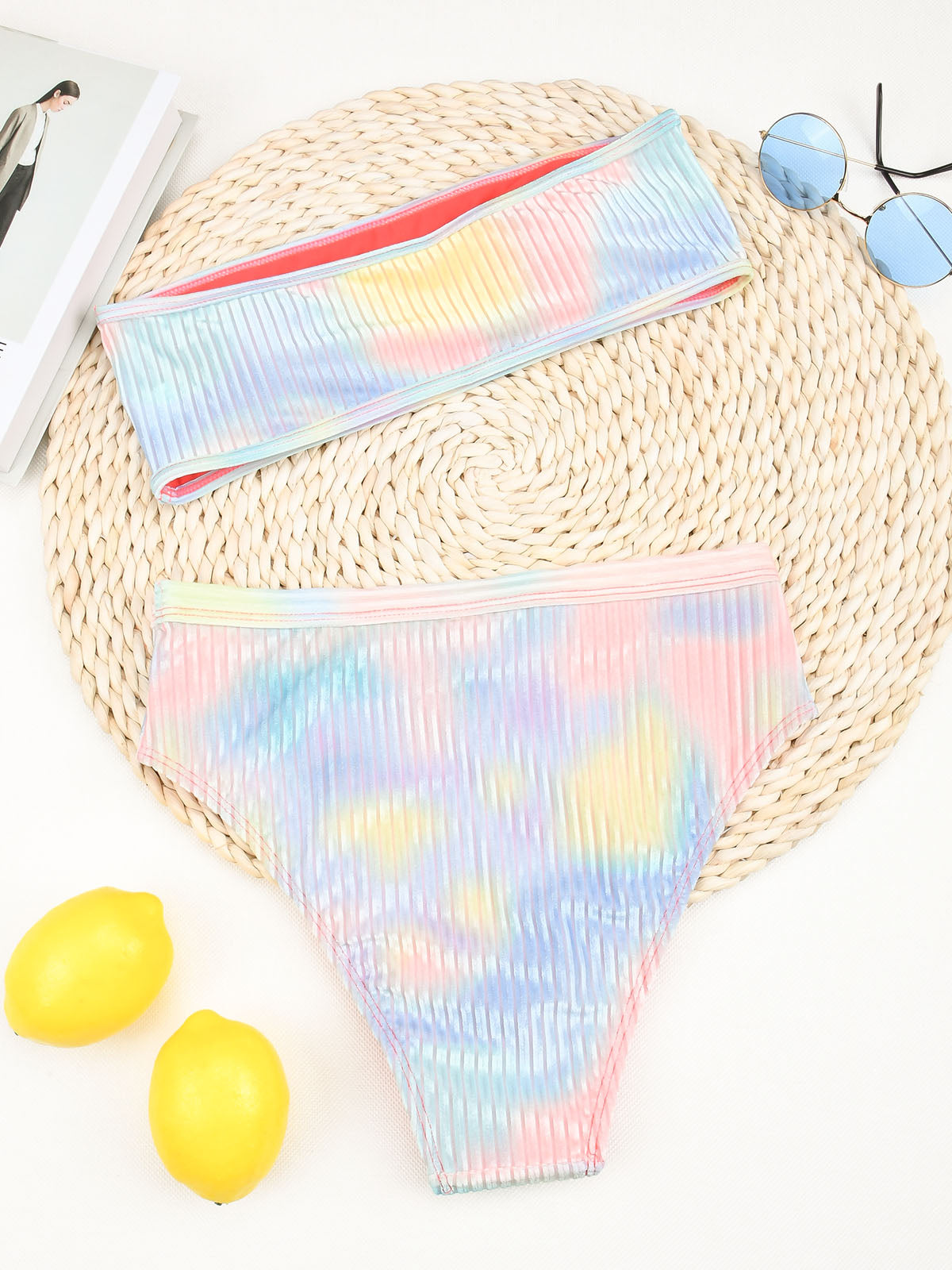 Ensemble de bikini taille haute sans bretelles Tie Dye