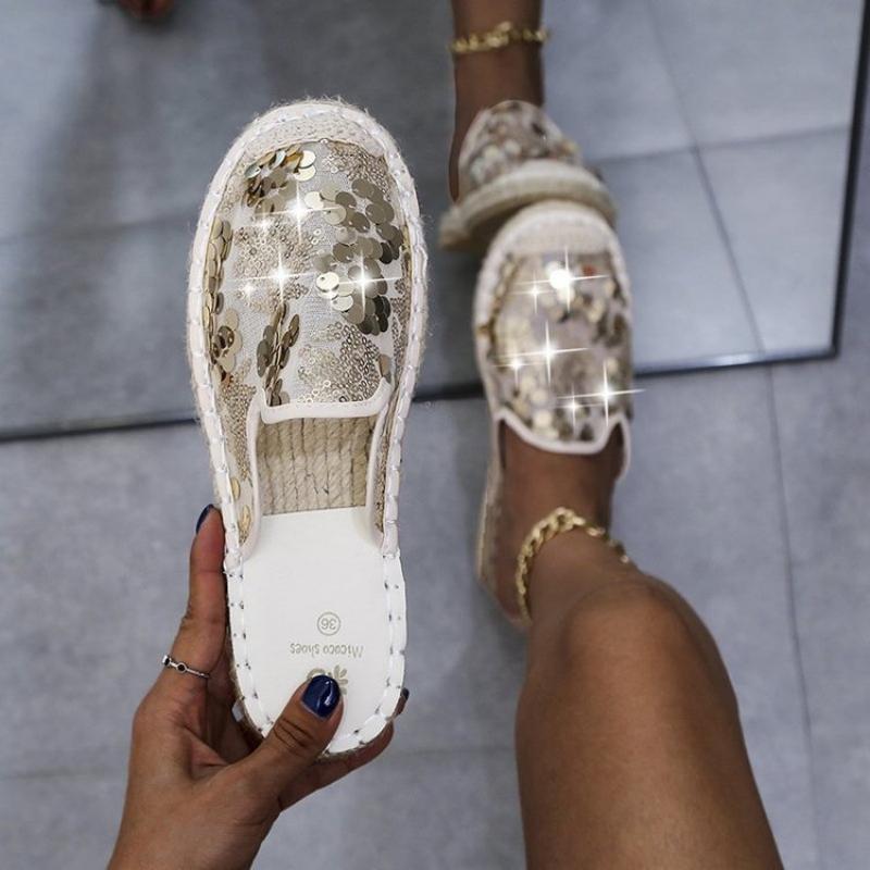 Pantuflas planas brillantes de tela con lentejuelas y suela de cáñamo