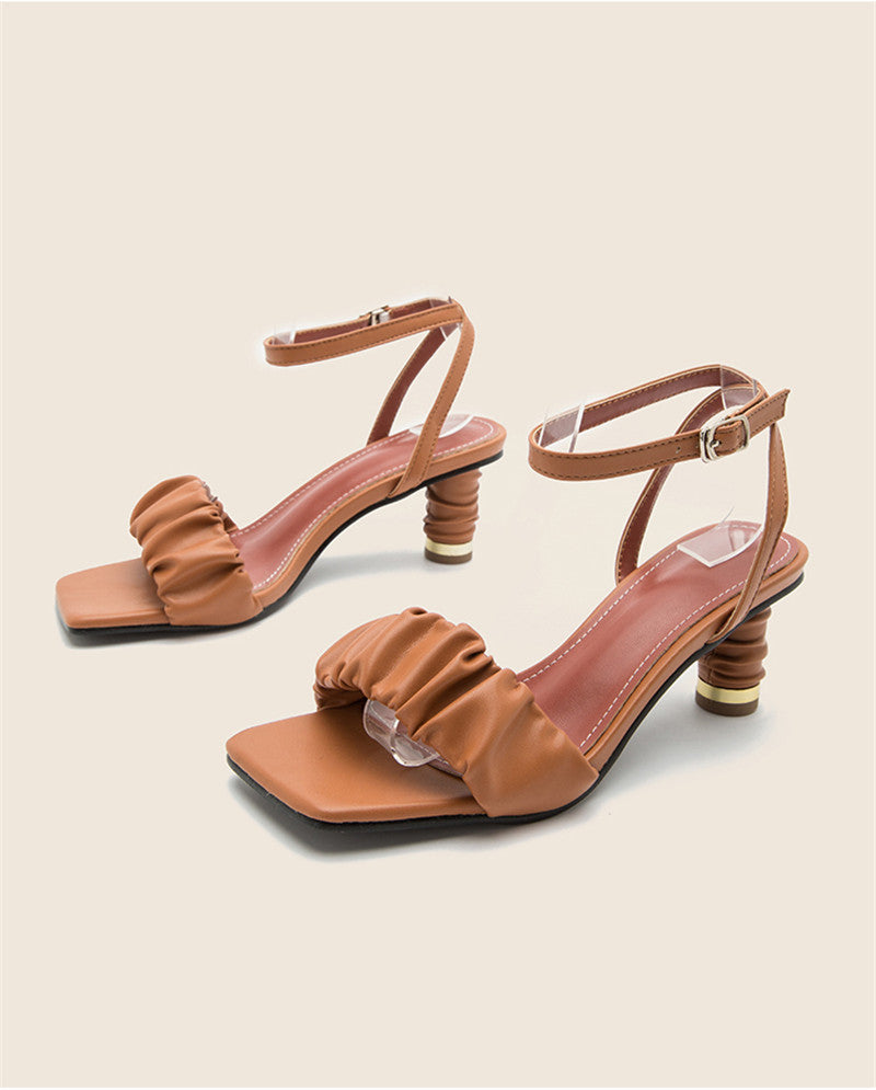 Pleated Thin High Heel Open Toe Buckle Sandals