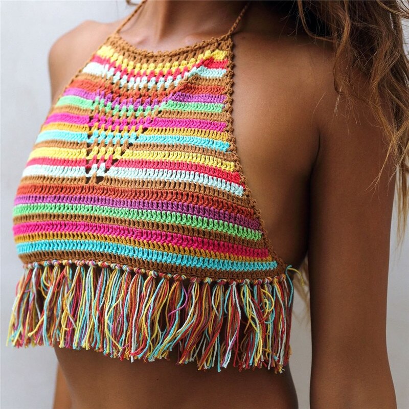 Top de bikini de rayas de colores de ganchillo hecho a mano