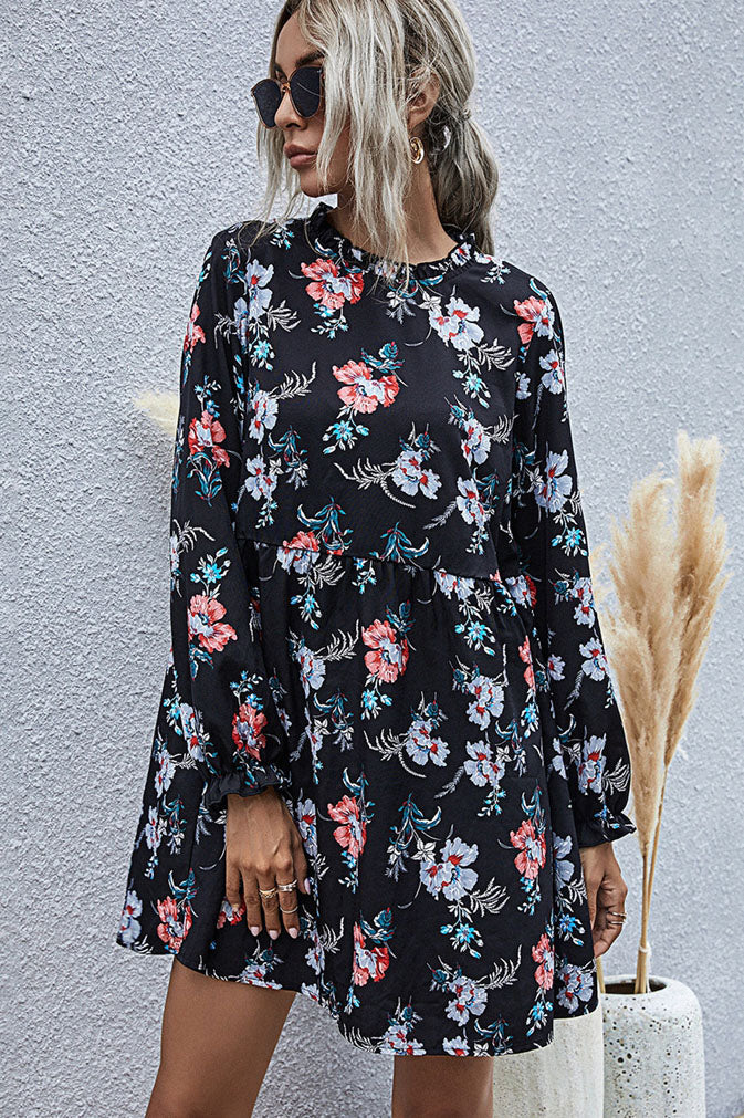 Vestido Floral Solto Manga Longa Cintura Alta