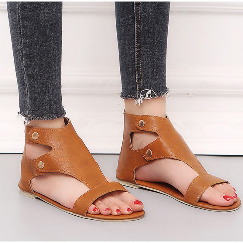 Retro Gladiator Ankle Wrap Zipper Flat Sandals