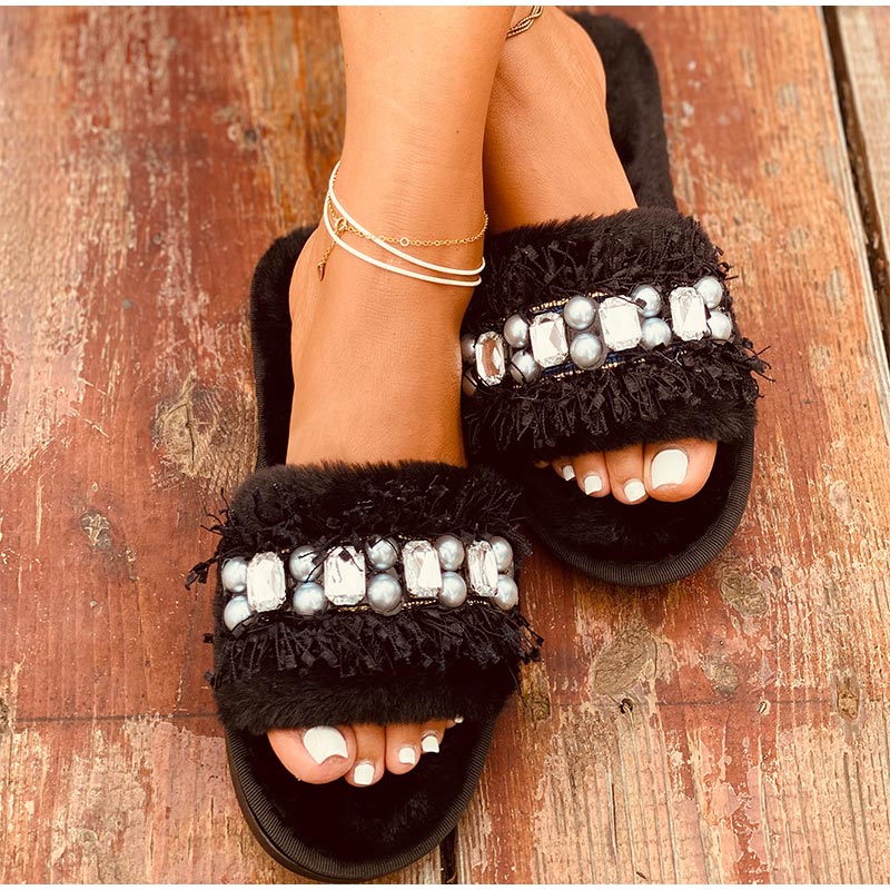 Luxury Beaded Furry Plush Slippers