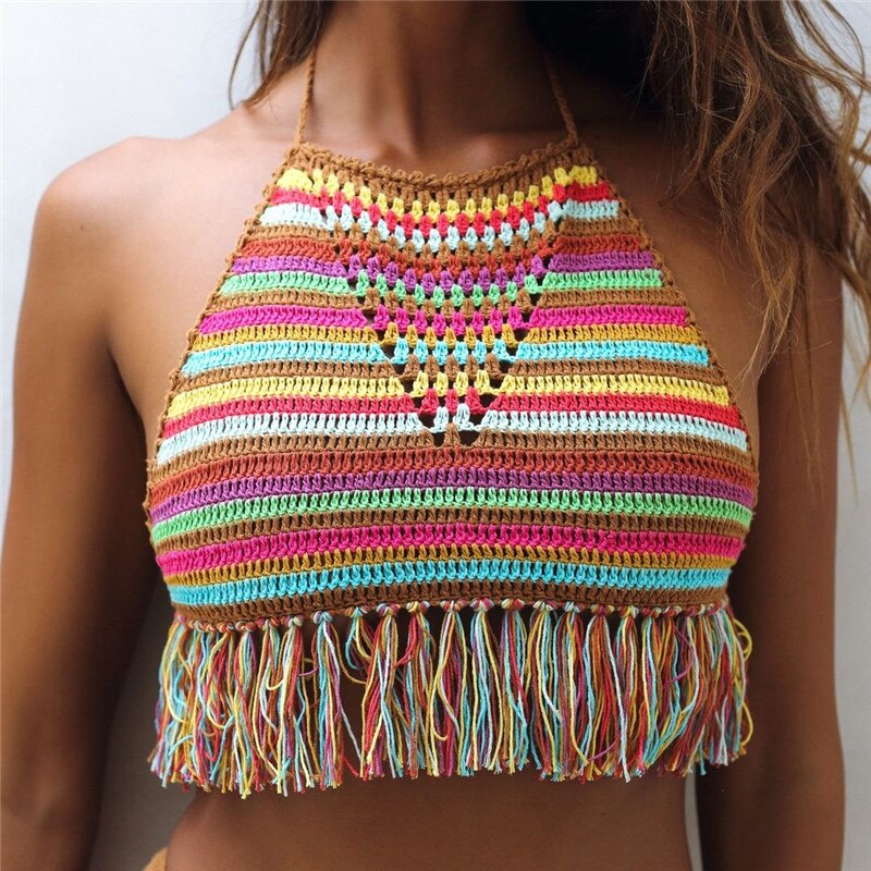 Top de bikini de rayas de colores de ganchillo hecho a mano