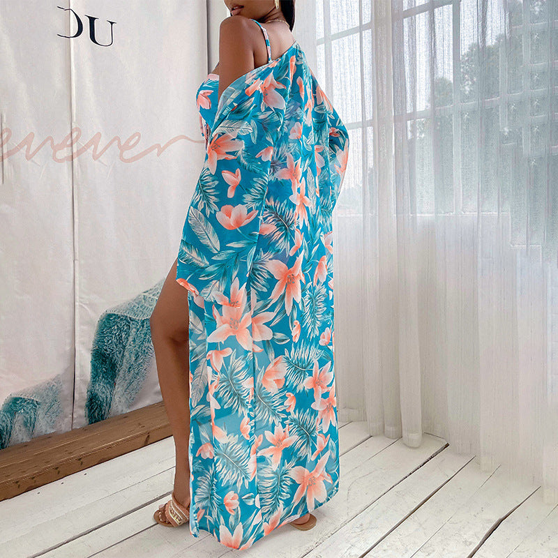 Floral Bikini Set Long Cover Up Three Pieces